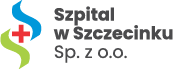 Logo szpitalu w mieście Szczecinek , dwie fale niebiesko-zielone, między nimi czerwony krzyżyk.